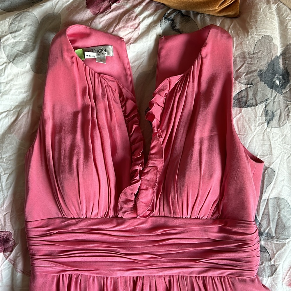 Kay Unger Pink Silk Ruffle Ruched Cocktail Dress, Deep V-Neck & Back Opening - Picture 8 of 11